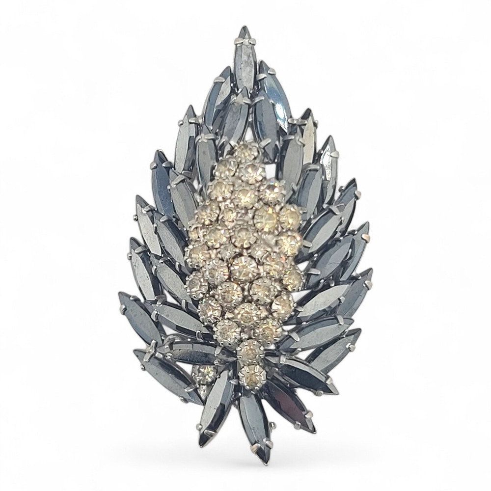 VTG WEISS Brooch HEMATITE NAVETTES With Clear Rhinestones Leaf Shape Unsigned